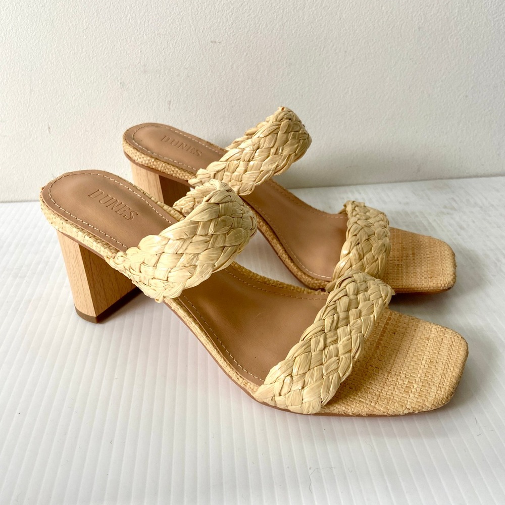 Dunes Natural Braided Raffia Heeled Slip On Sandals Womens 9M